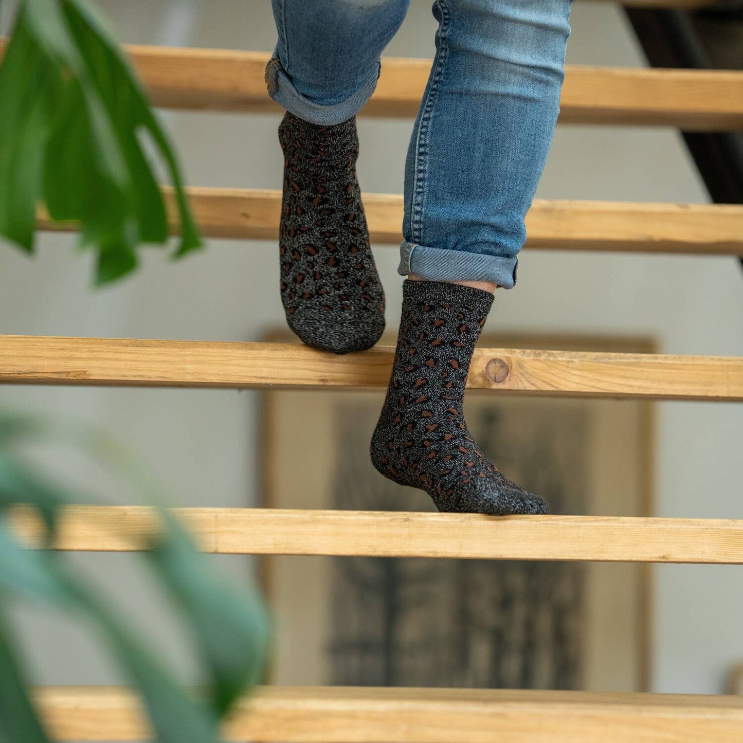 Calze leopardate glitter nero e argento in cotone pettinato