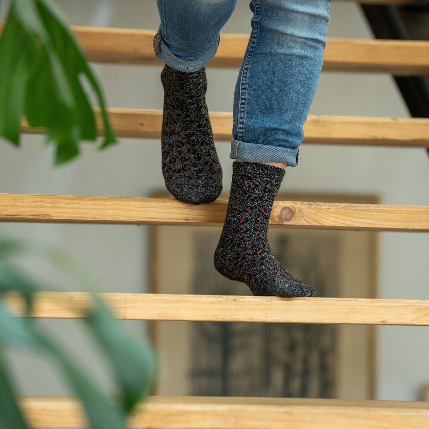 Calze leopardate glitter nero e argento in cotone pettinato