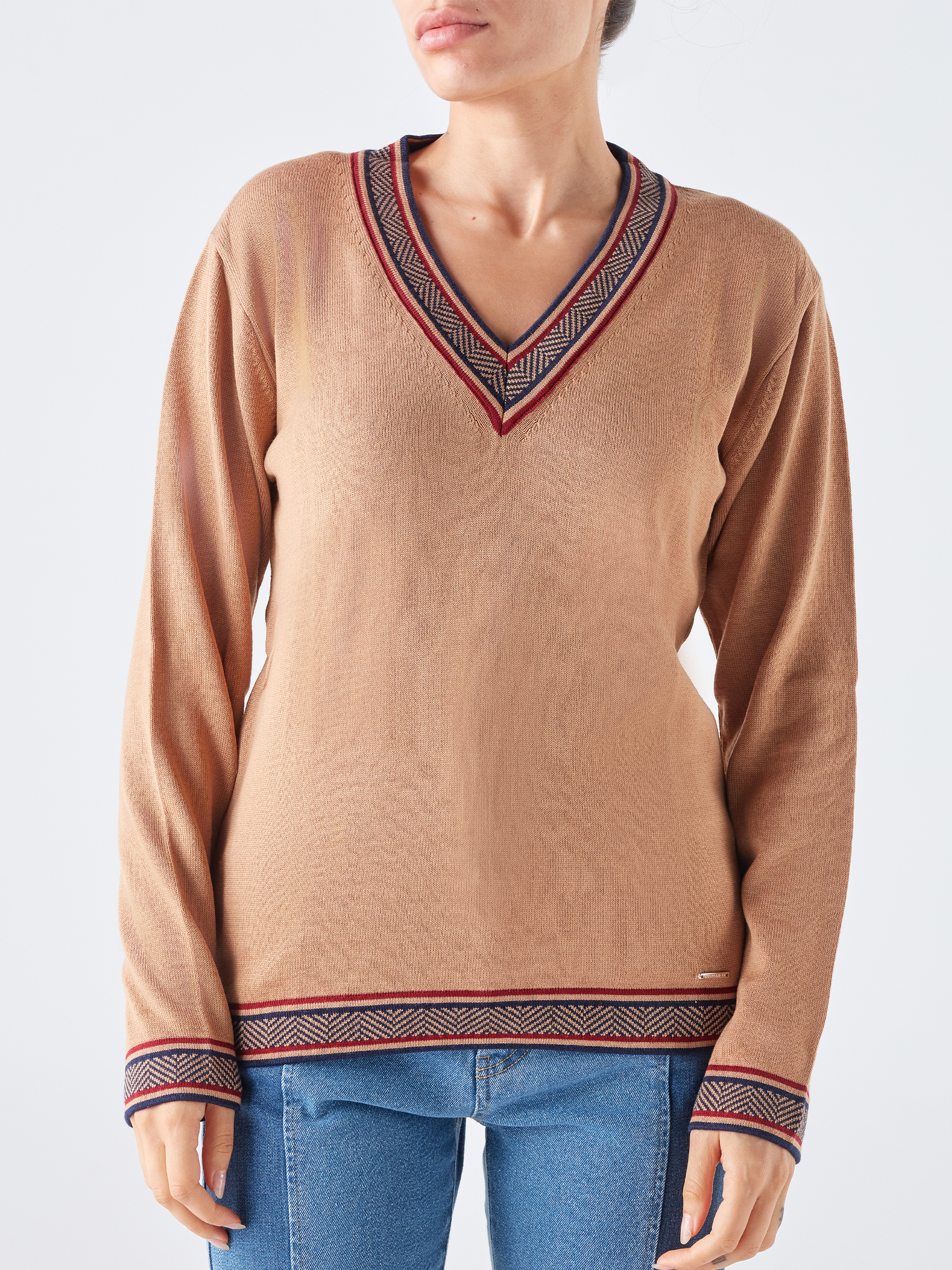 Maglione con scollo a V e bordi jacquard