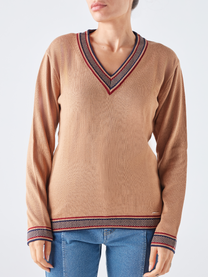 Maglione con scollo a V e bordi jacquard