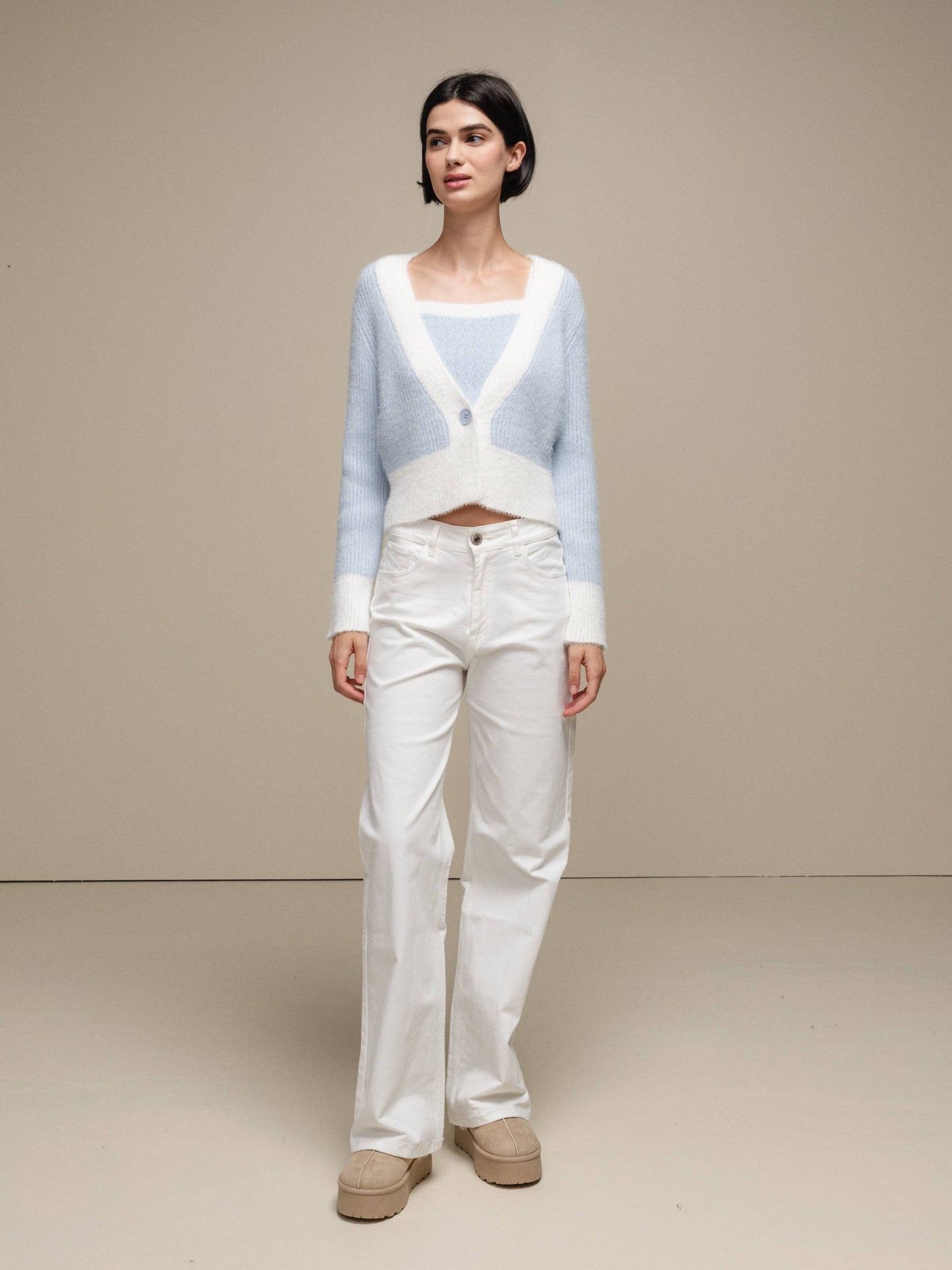 Cardigan donna cropped bicolore in maglia