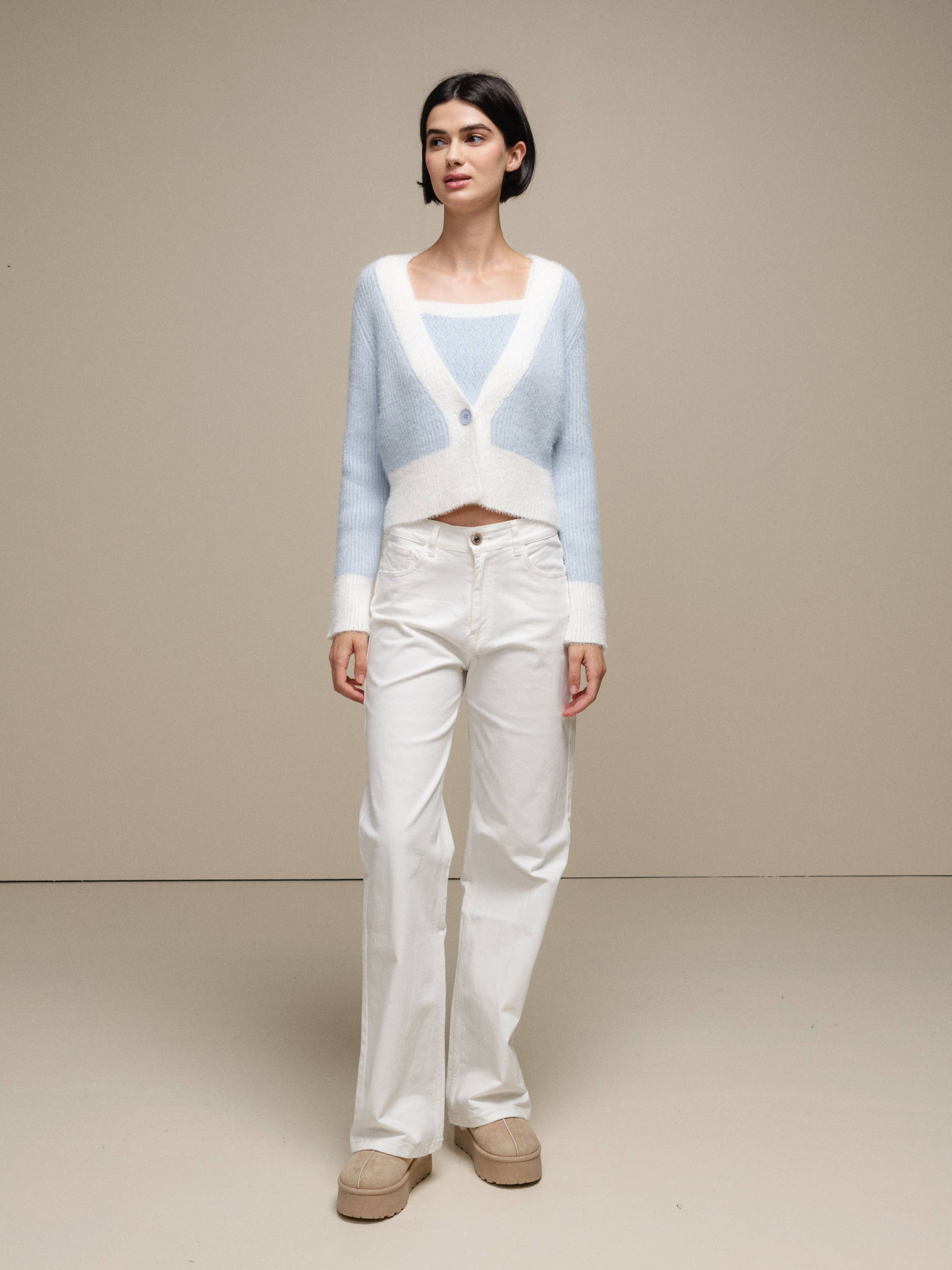 Cardigan donna cropped bicolore in maglia