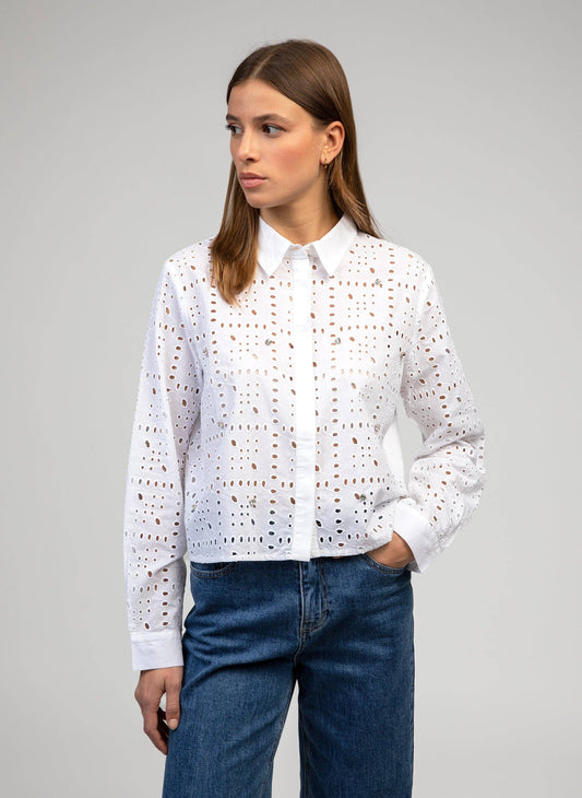 Camicia bianca in voile di cotone traforato