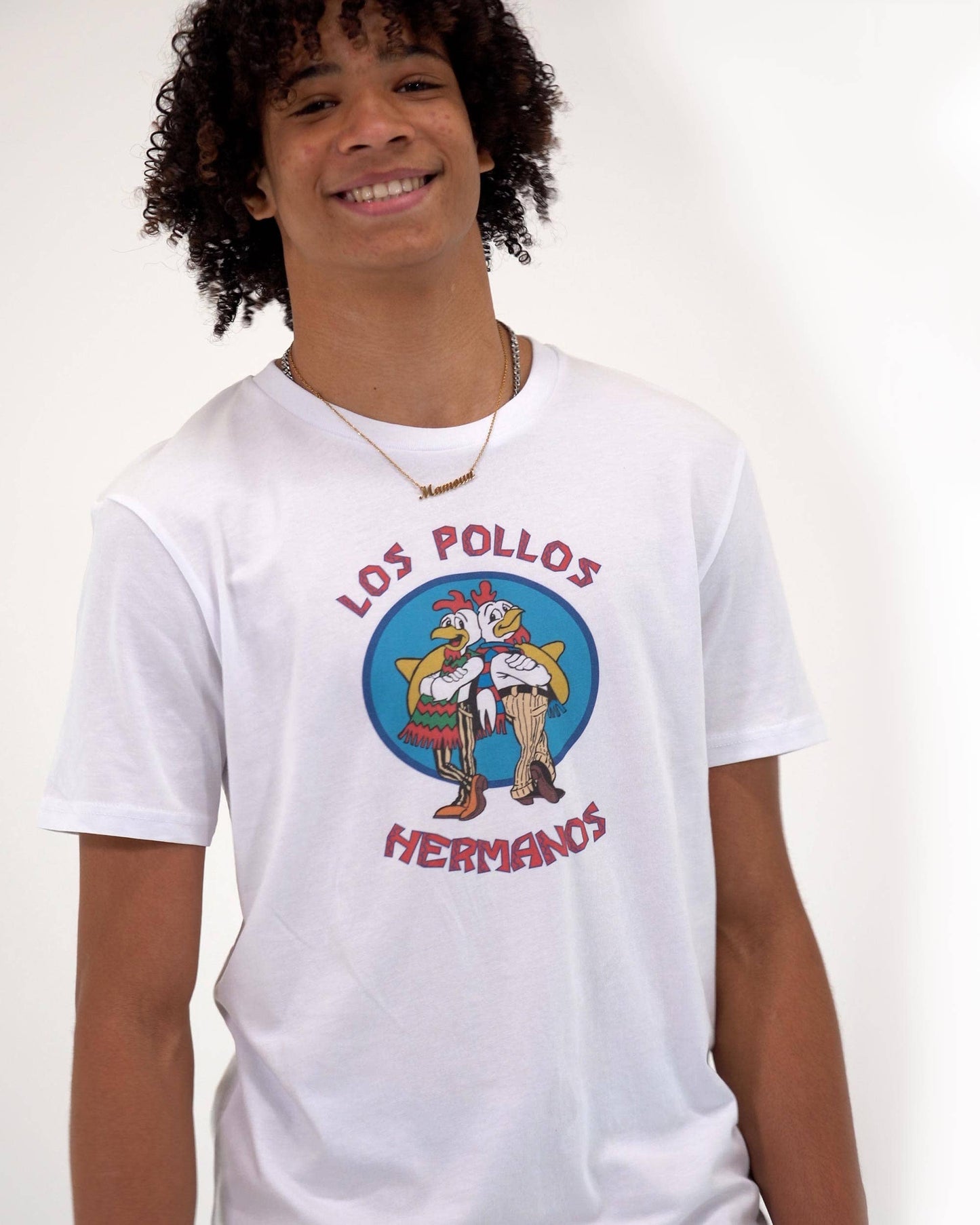 T-shirt unisex bianca con stampa Los Pollos Hermanos