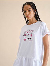 T-shirt bianca con stampa e balza