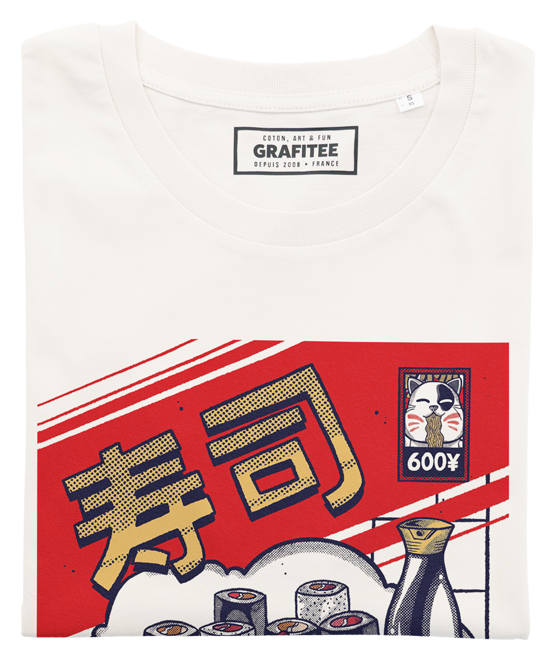 T-shirt unisex in cotone biologico con stampa gatto e sushi