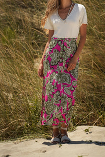 Abito midi con scollo a V e gonna floreale con cintura