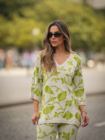 Maglione lungo floreale in viscosa con scollo a V