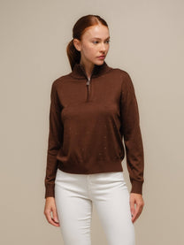 Maglione polo in maglia con zip e micro strass