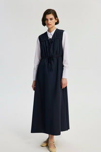 Gilet lungo in popeline arricciato blu navy