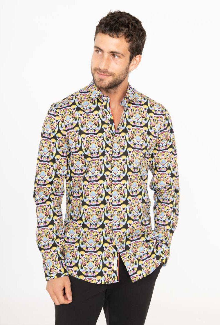 Camicia slim elasticizzata con stampa tigre