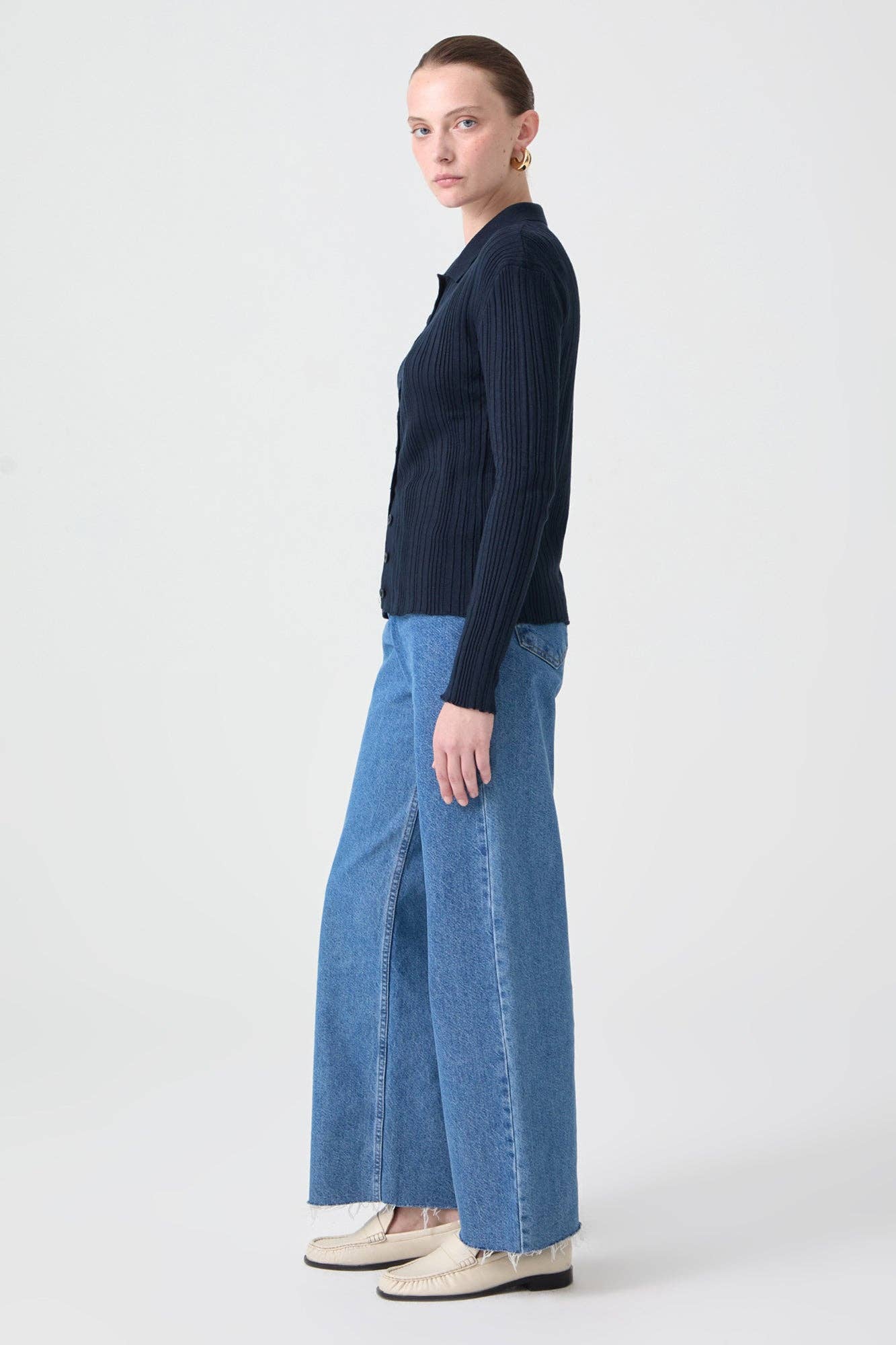 Body in maglia a coste con scollo polo