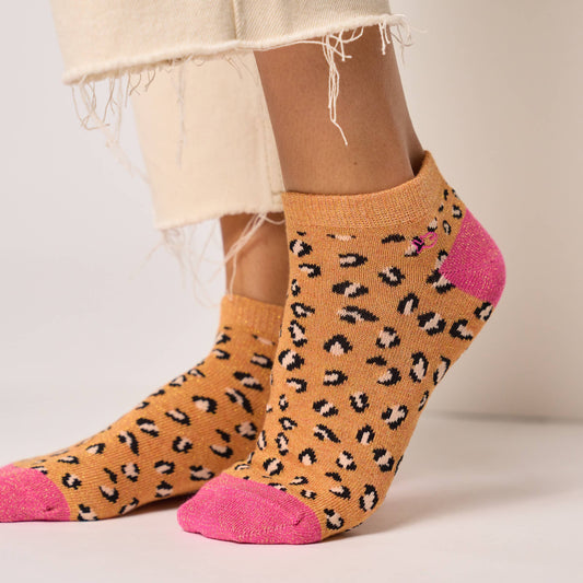 Calzini bassi glitterati leopardati in cotone pettinato arancione