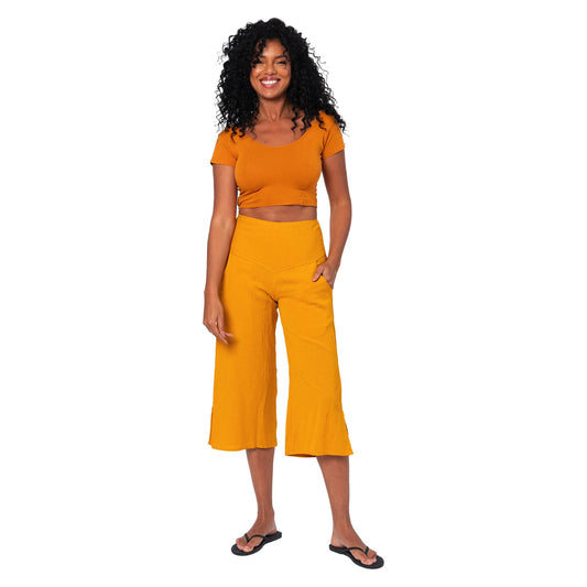 Pantaloni culotte estivi in cotone e lino gialli