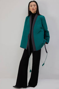 Giacca kimono trapuntata verde con cintura