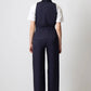 Completo donna in cotone blu navy con gilet con cintura e pantaloni palazzo