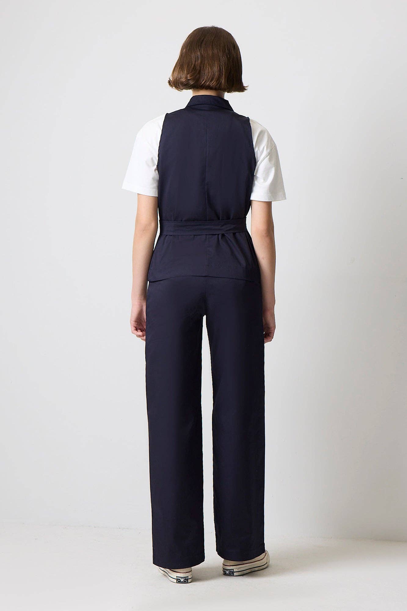Completo donna in cotone blu navy con gilet con cintura e pantaloni palazzo
