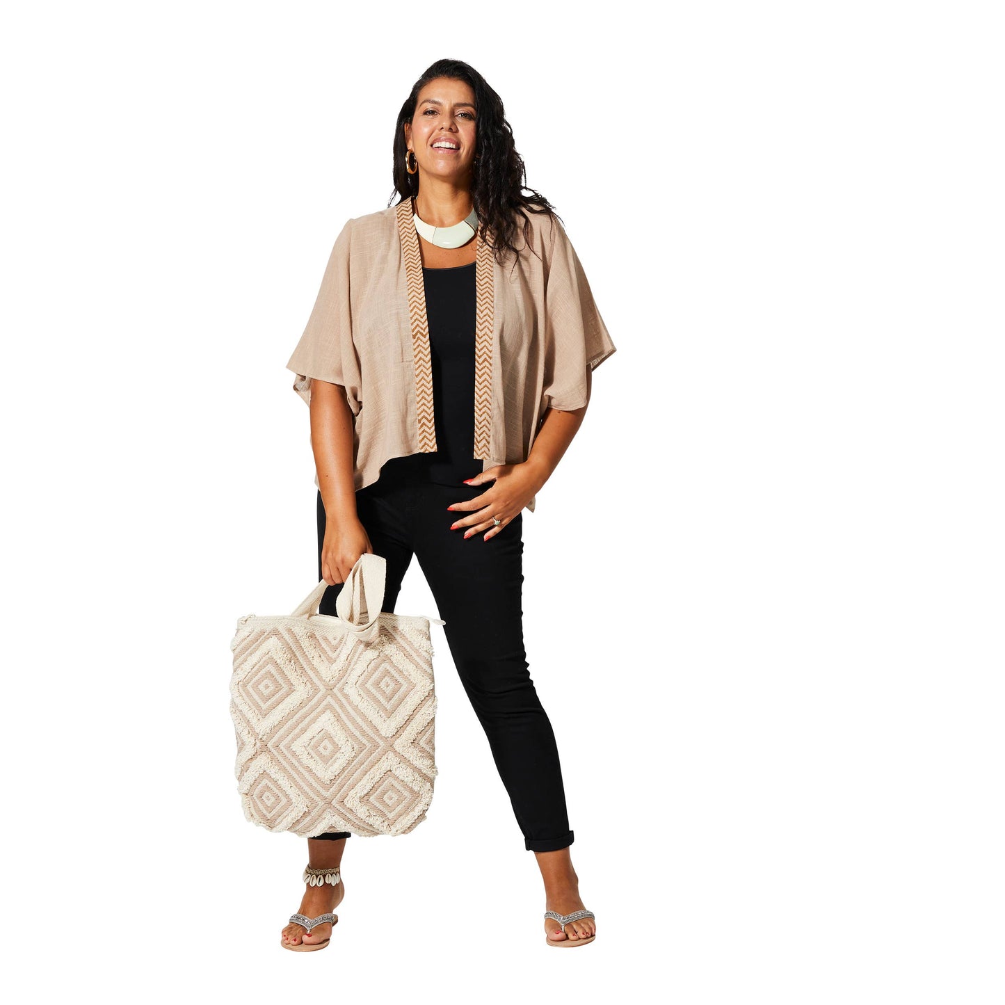 Kimono estivo boho a maniche corte in cotone beige