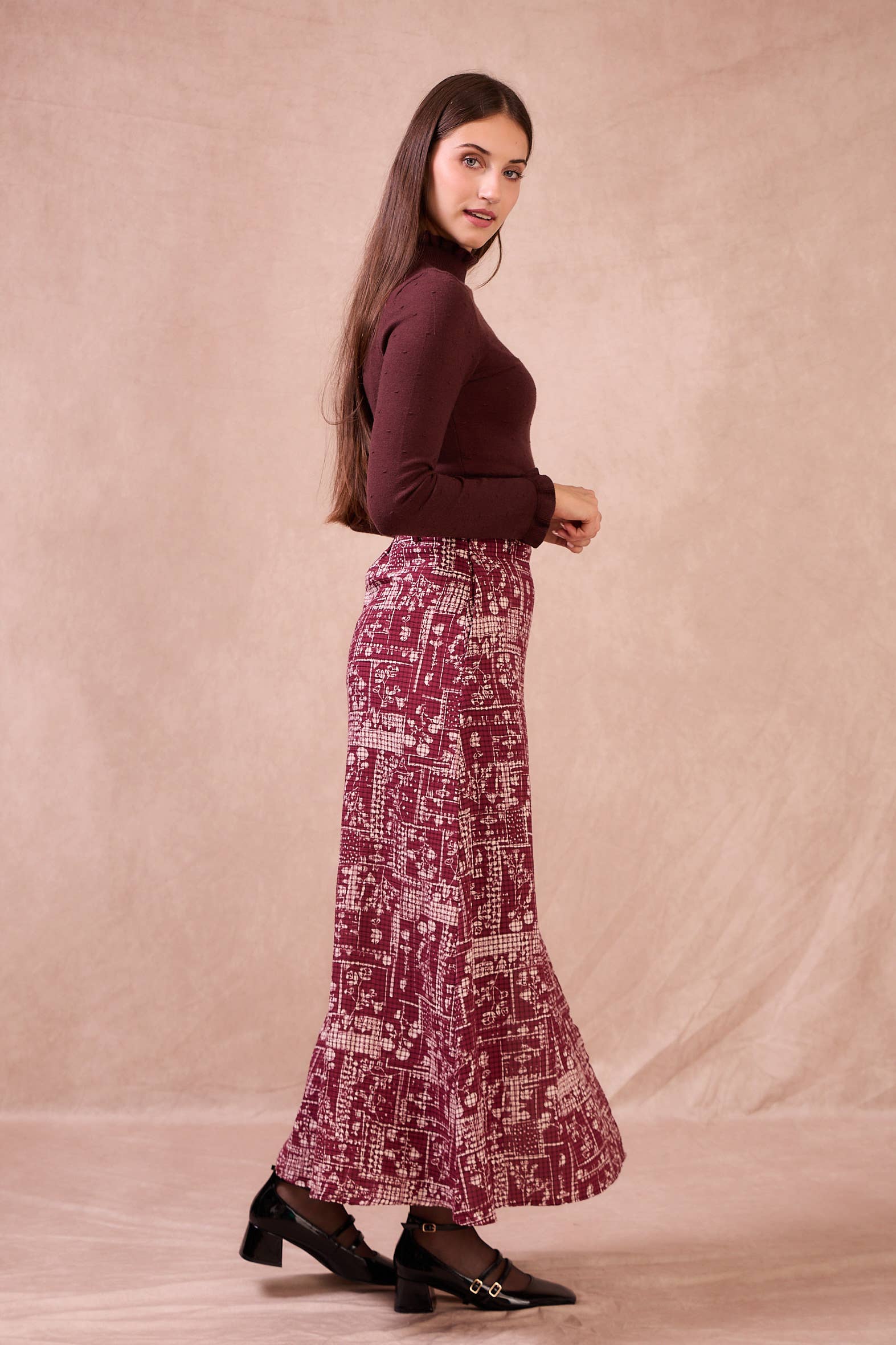 Gonna lunga boho bordeaux con spacco laterale