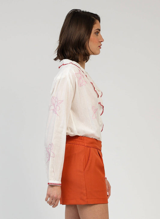 Camicia blusa Soumila écru ricamata in voile di cotone