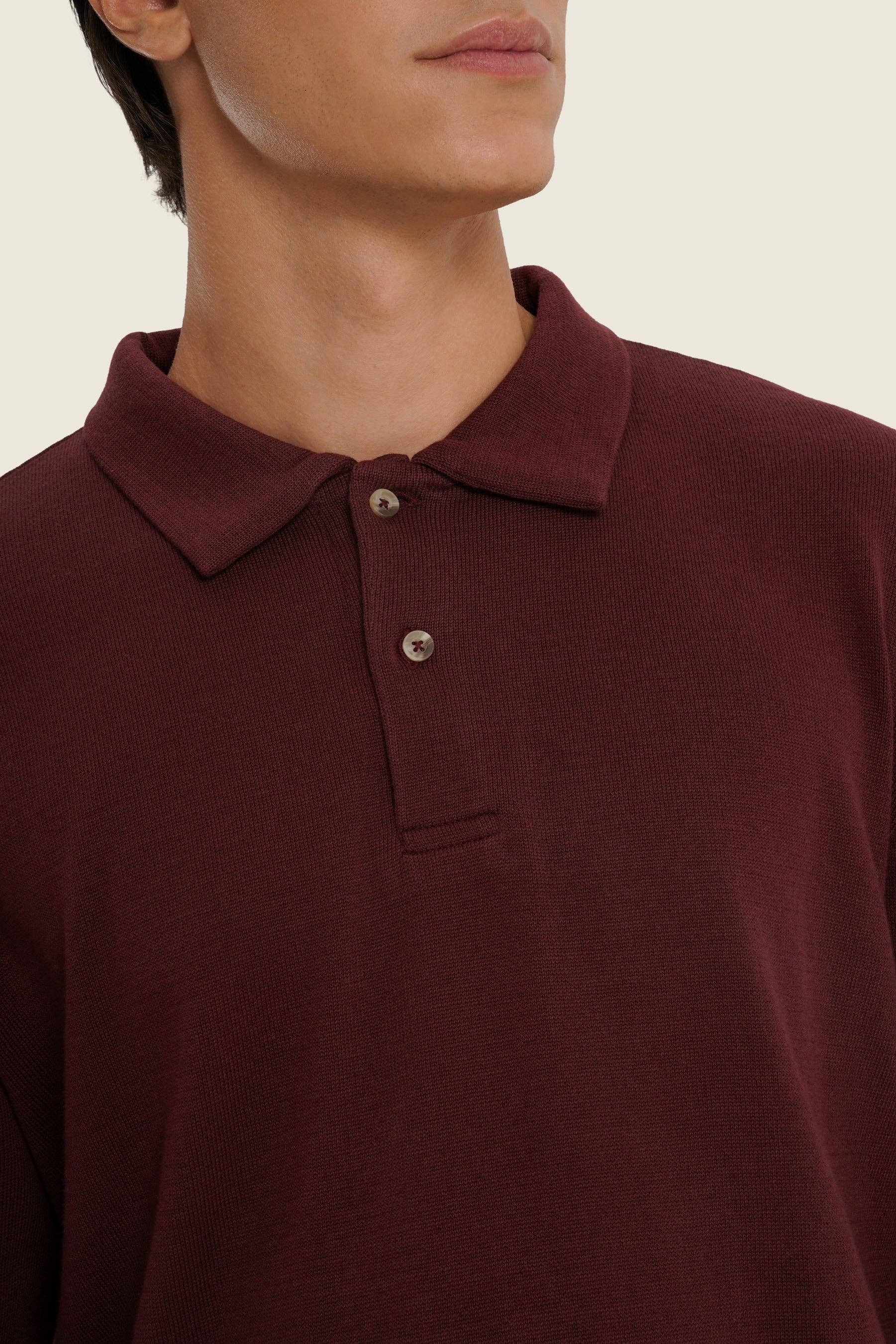 Maglione polo in cotone organico color cioccolato amaro