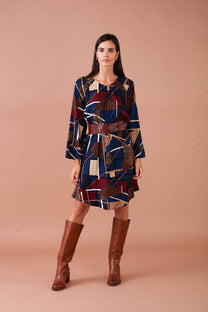 Vestito corto fluido con stampa geometrica
