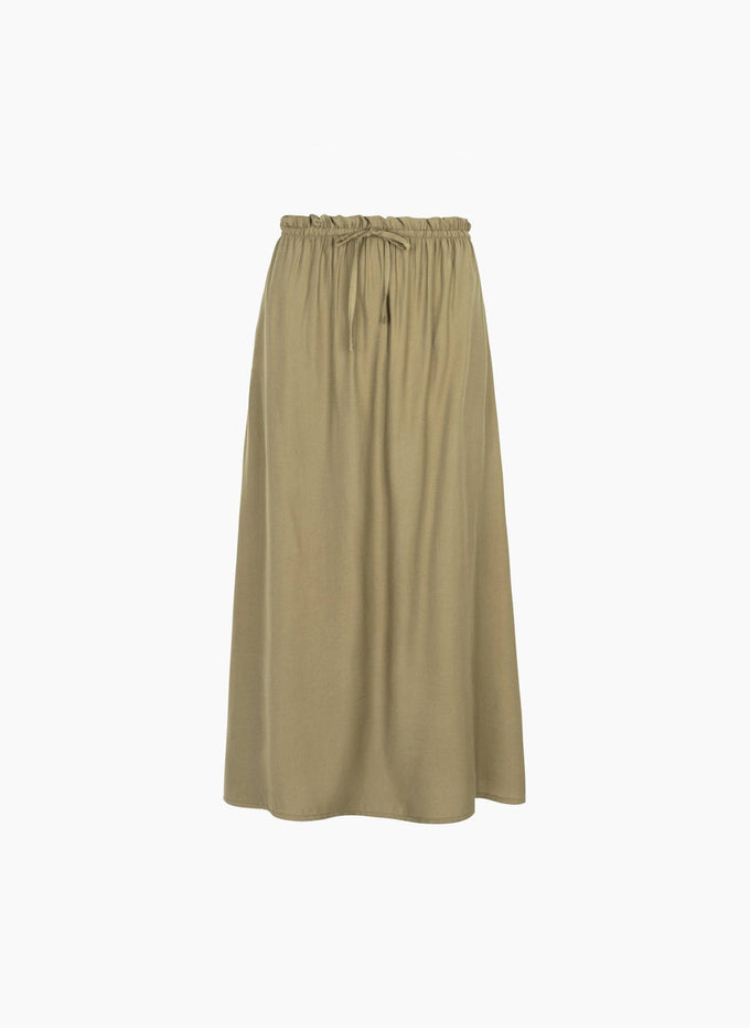 Gonna midi kaki in tessuto setoso con vita elasticizzata