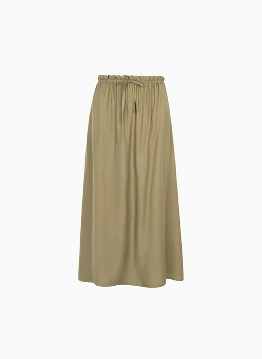 Gonna midi kaki in tessuto setoso con vita elasticizzata