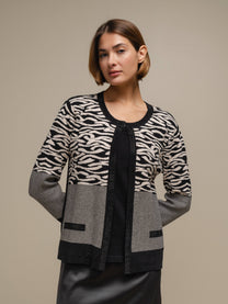 Cardigan donna in maglia jacquard animalier bicolore