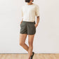 Shorts track Luca a righe oliva in lino e cotone