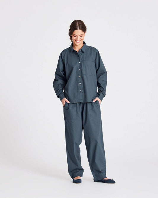 Camicia corta Bella in popeline di cotone biologico blu denim
