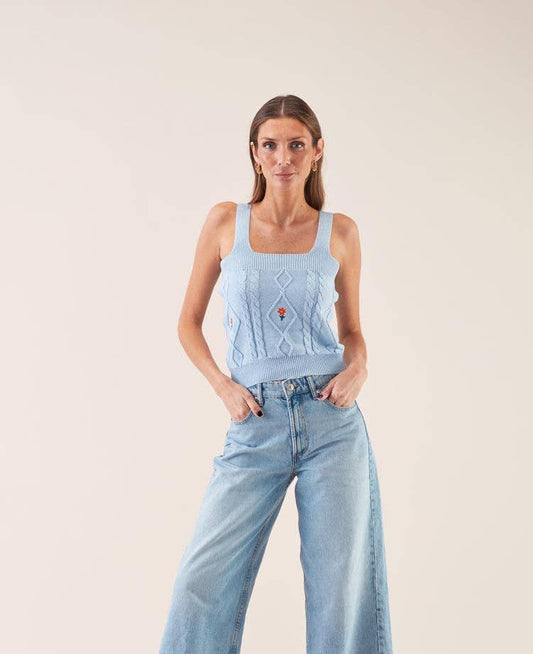 Top in cotone a trecce con ricamo floreale