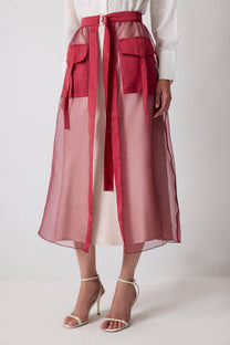 Gonna midi in organza con tasche oversize e cintura