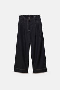 Pantaloni wide leg in denim con impunture a contrasto