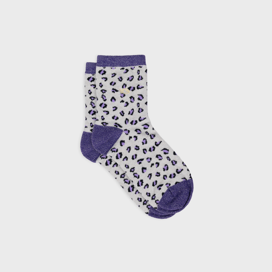 Calzini alla caviglia leopardati glitterati in cotone pettinato ecru e viola