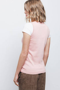 Top in maglia rasata con scollo rotondo e bordi a contrasto