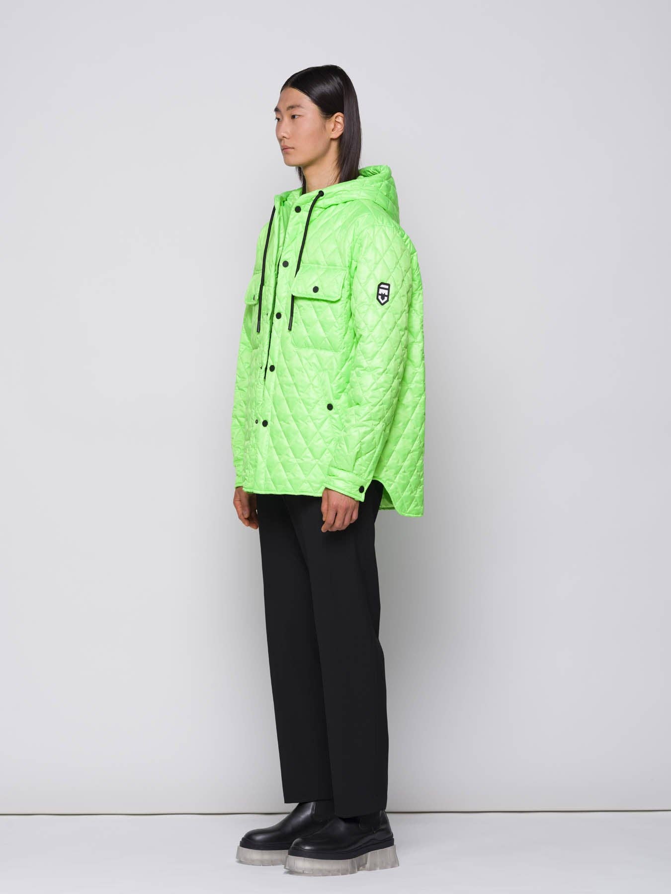 Giacca trapuntata a rombi verde fluo con cappuccio