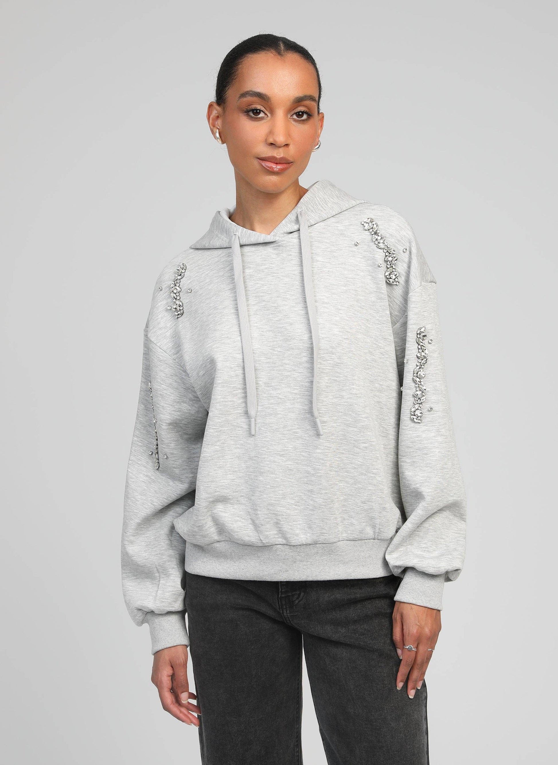 Felpa con cappuccio grigio mélange con strass