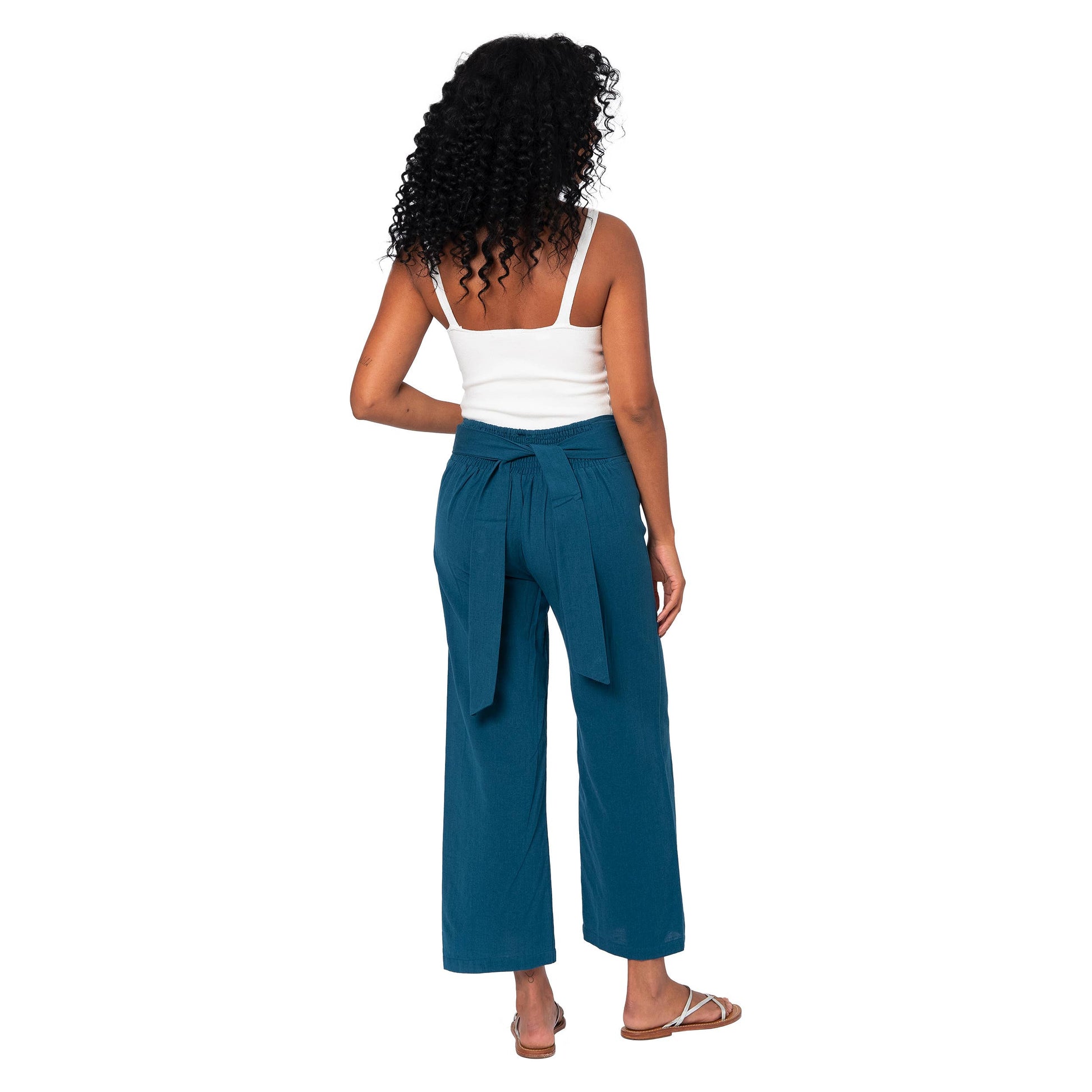Pantaloni estivi cropped in cotone e lino color petrolio