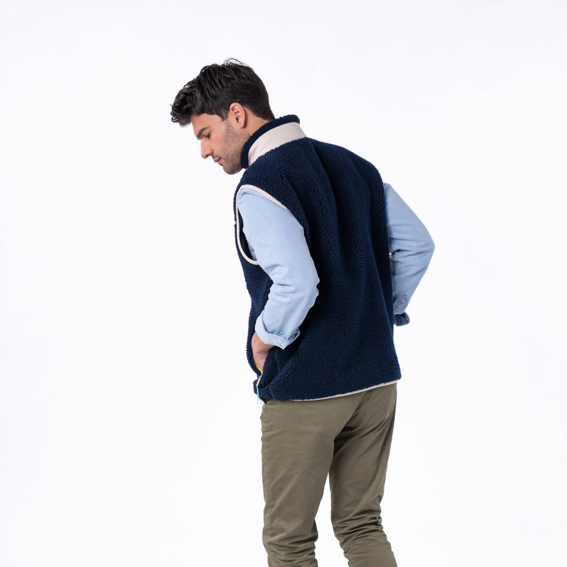 Gilet sherpa unisex con zip bicolor blu navy e verde