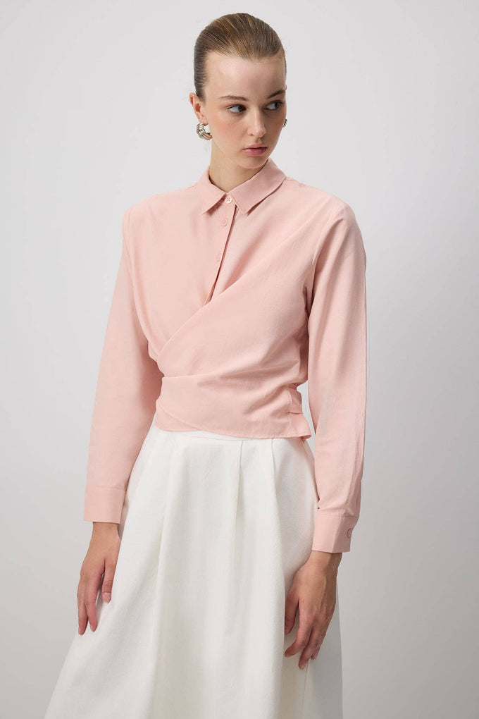 Camicia avvolgente in popeline misto cotone rosa