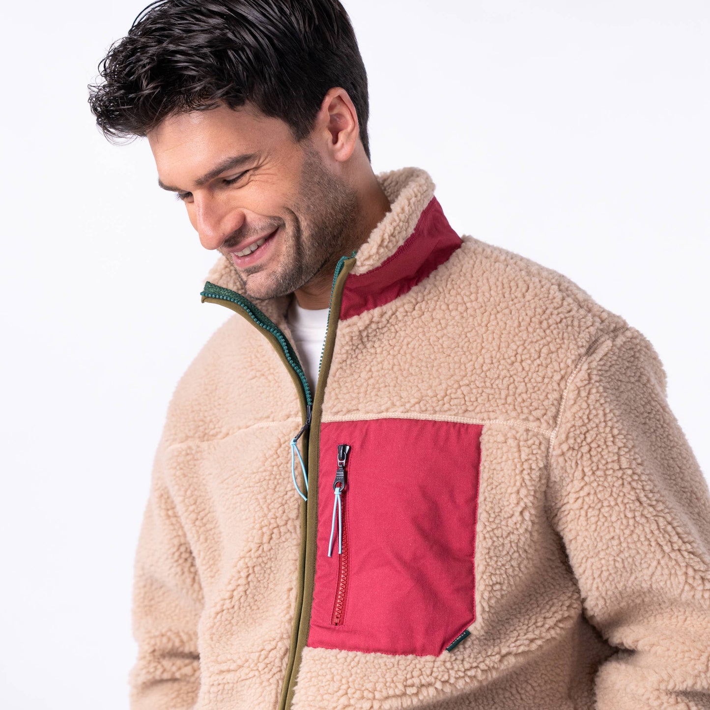 Giacca sherpa unisex con zip beige e bordeaux