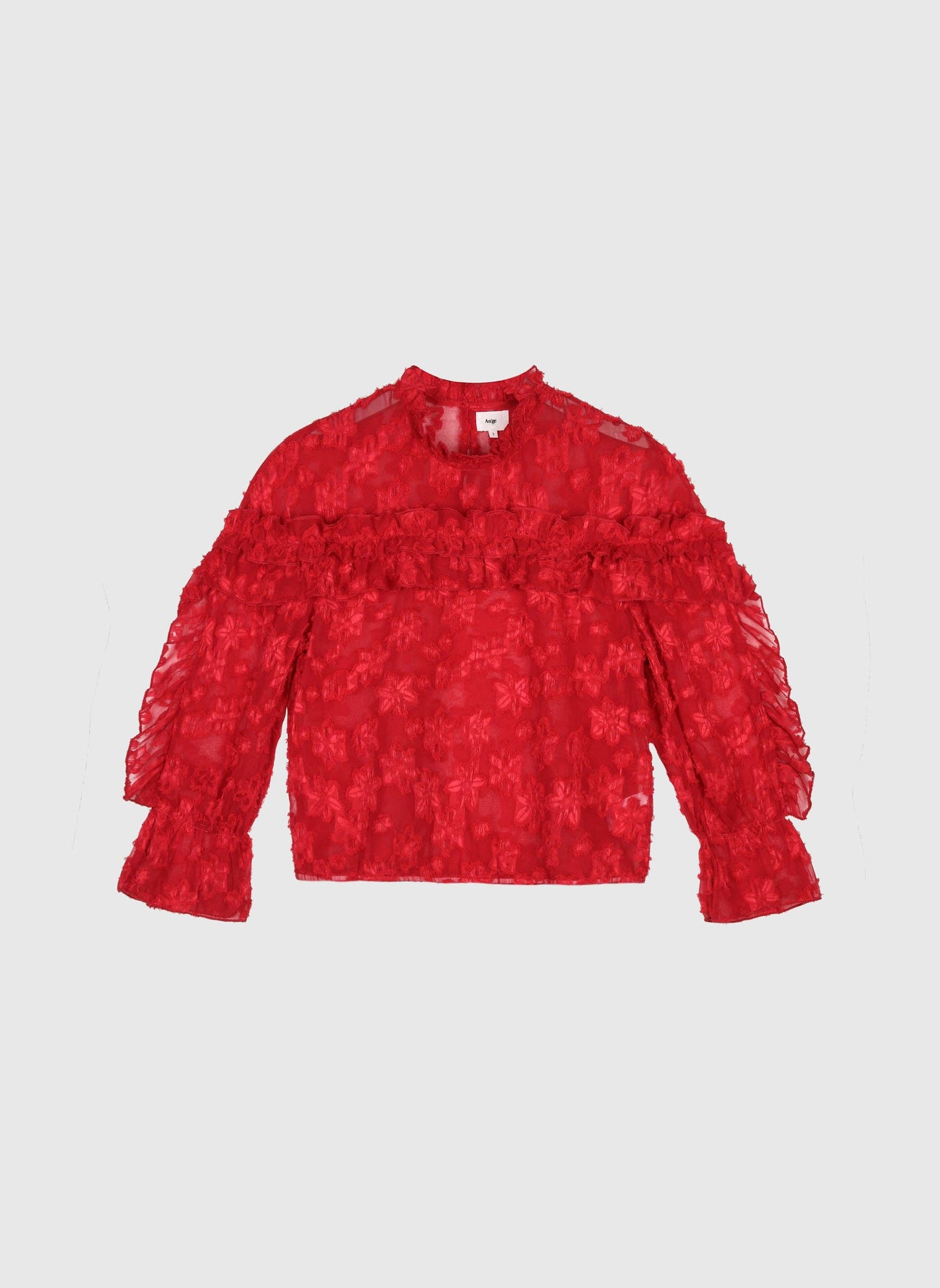 Blusa Soely rossa trasparente jacquard con volant