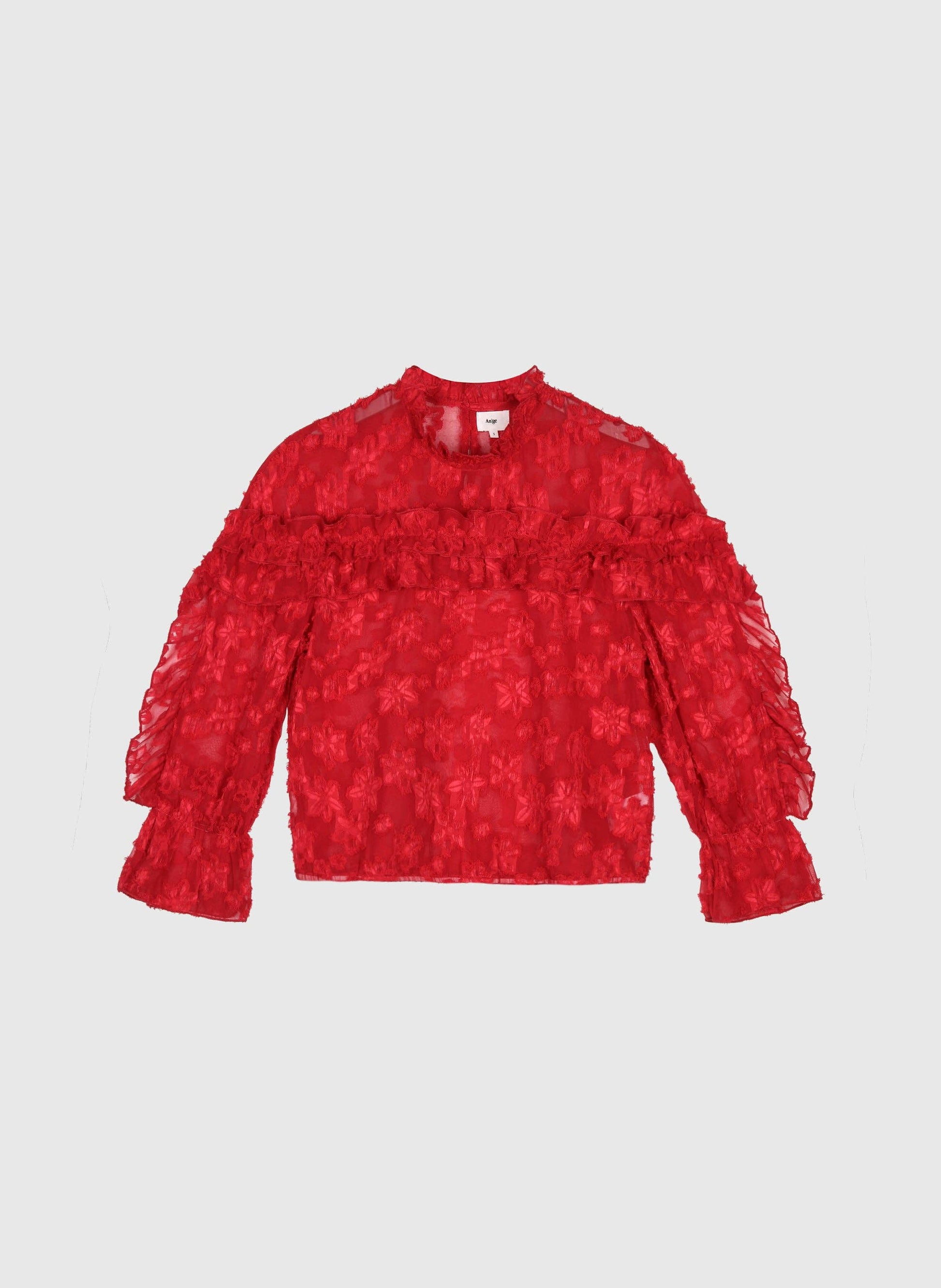 Blusa Soely rossa trasparente jacquard con volant