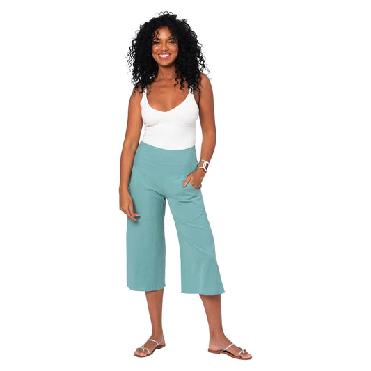 Pantaloni culotte estivi in cotone e lino turchesi