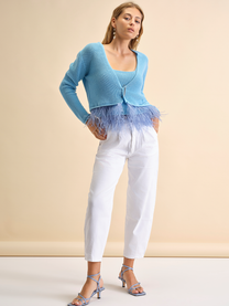 Cardigan in tricot con piume