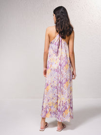 Vestito lungo fluido con scollo a V e stampa astratta