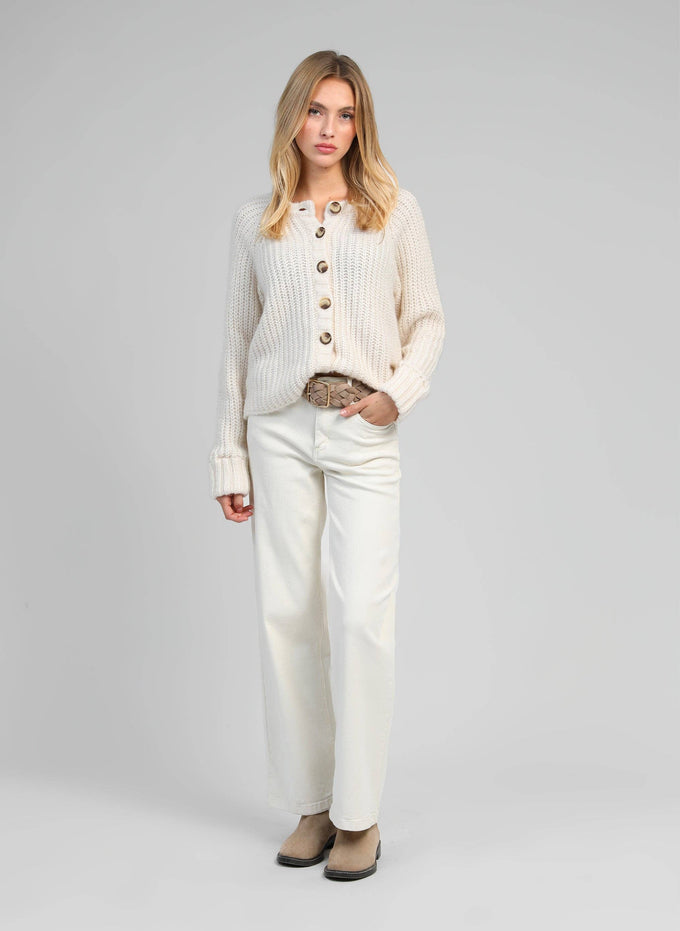 Cardigan in maglia calda écru con bottoni effetto corno