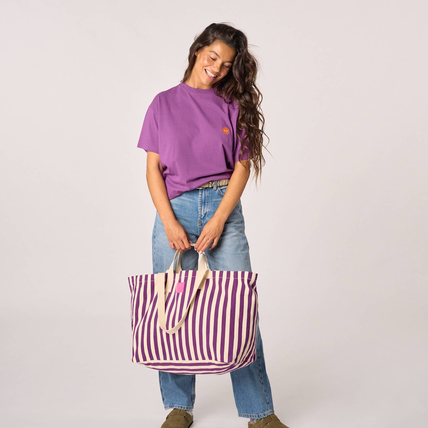 Borsa shopper in cotone biologico a righe viola ed écru