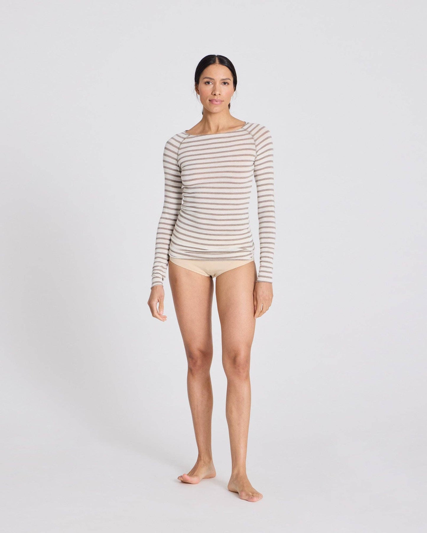 Maglia Amalie a righe marinare in lana ecru e grigio mélange